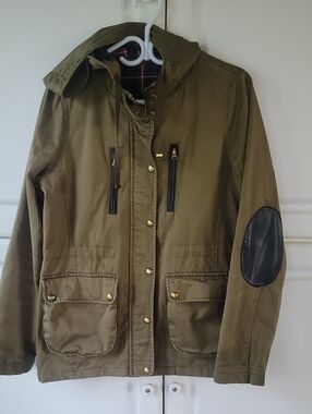 Topshop Olive Green Hooded Field Jacket with Black Elbow Patches